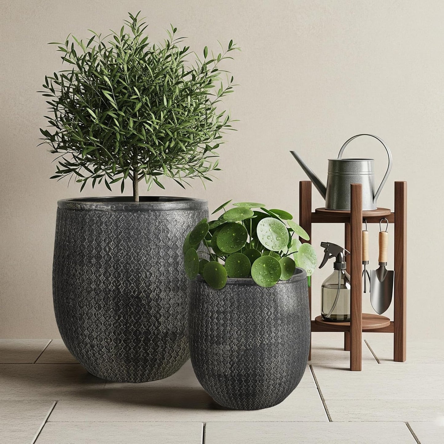Worth Garden Large Round Planters Set of 2 (14.5"x17.5" & 12" x15“) - Lightweight Magnesium Oxide Cement Plant Pot with Texture - Concrete Look with Drainage Hole – Indoor & Outdoor Use - Black Gold