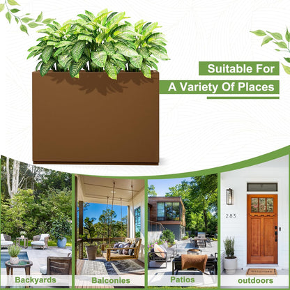 FENCY Metal Rectangular Planter Box for Outdoor - Large Planters with Drainage Holes (35.4" L x 9" W x 25.6" H, Brown)