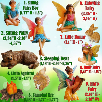 Mood Lab Fairy Garden - Miniature Fairies Figurines Accessories - Camping Kit of 9 pcs - Set for Outdoor or House Decor