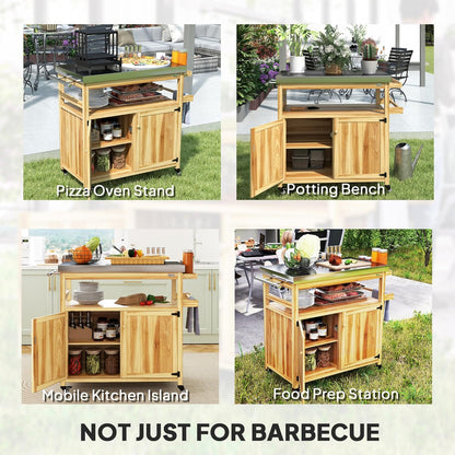 Outsunny Outdoor Grill Cart with Wheels and Storage, Solid Wood Outdoor Kitchen Island with Stainless Steel Top, Movable Bar Cart with Spice Rack, Side Handle, Integrated Hole for BBQ, Natural Wood