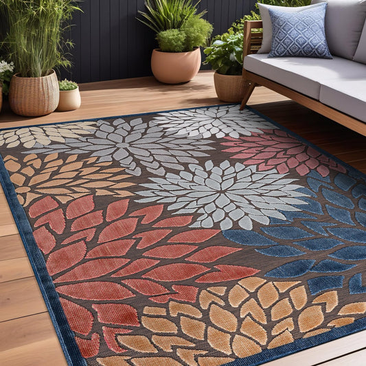 Beverly Rug Outdoor Rug 8x10 Modern Floral Tropical Area Rugs for Indoor and Outdoor Patio Easy to Clean Non Shedding Living Room Porch Garden Washable Outside Carpet (8 x 10 Brown)