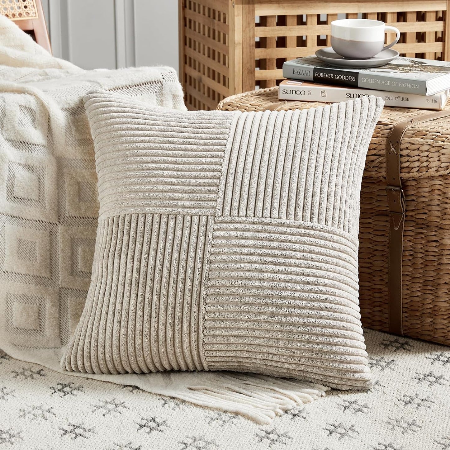 Fancy Homi 2 Packs Neutral Taupe Decorative Throw Pillow Covers 22x22 Inch for Living Room Couch Bed Sofa, Rustic Farmhouse Boho Home Decor, Soft Corss Corduroy Patchwork Accent Cushion Case 55x55 cm