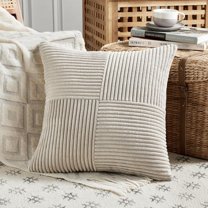 Fancy Homi 2 Packs Neutral Taupe Euro Decorative Throw Pillow Covers 28x28 Inch for Couch Bed Sofa, Rustic Farmhouse Boho Home Decor, Soft Corss Corduroy Patchwork Textured Square Cushion Case 71x71cm