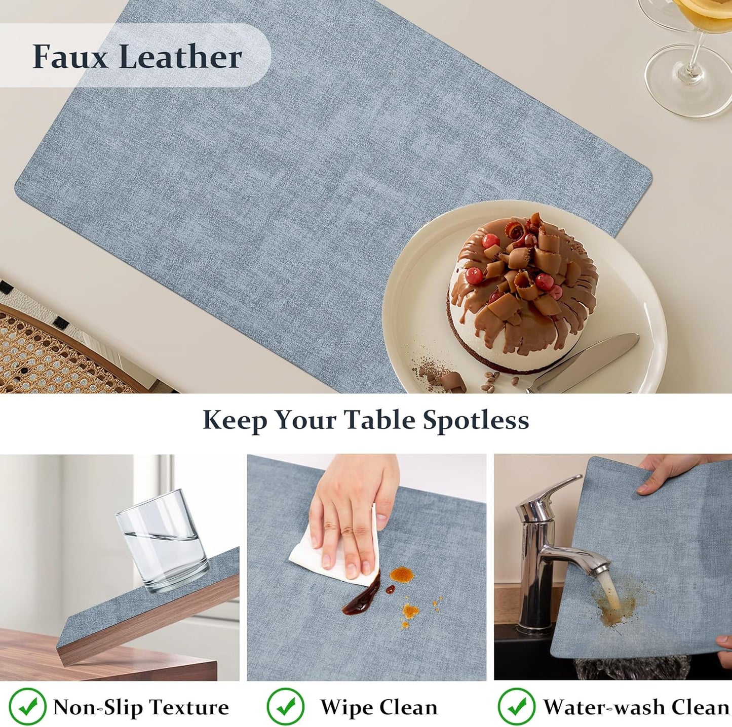 FROMHEART Faux Leather Placemats Set of 6–Waterproof,Heat/Oil Stain-Resistant PU Table Mat–Reversible,Non-Slip,Easy to Clean Place Mats for Kitchen,Dining,Indoor/Outdoor,(Light Blue,11.8" x 17")
