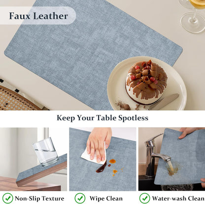 FROMHEART Faux Leather Placemats Set of 4–Waterproof,Heat/Oil Stain-Resistant PU Table Mat–Reversible,Non-Slip,Easy to Clean Place Mats for Kitchen,Dining,Indoor/Outdoor,(Light Blue,11.8" x 17")