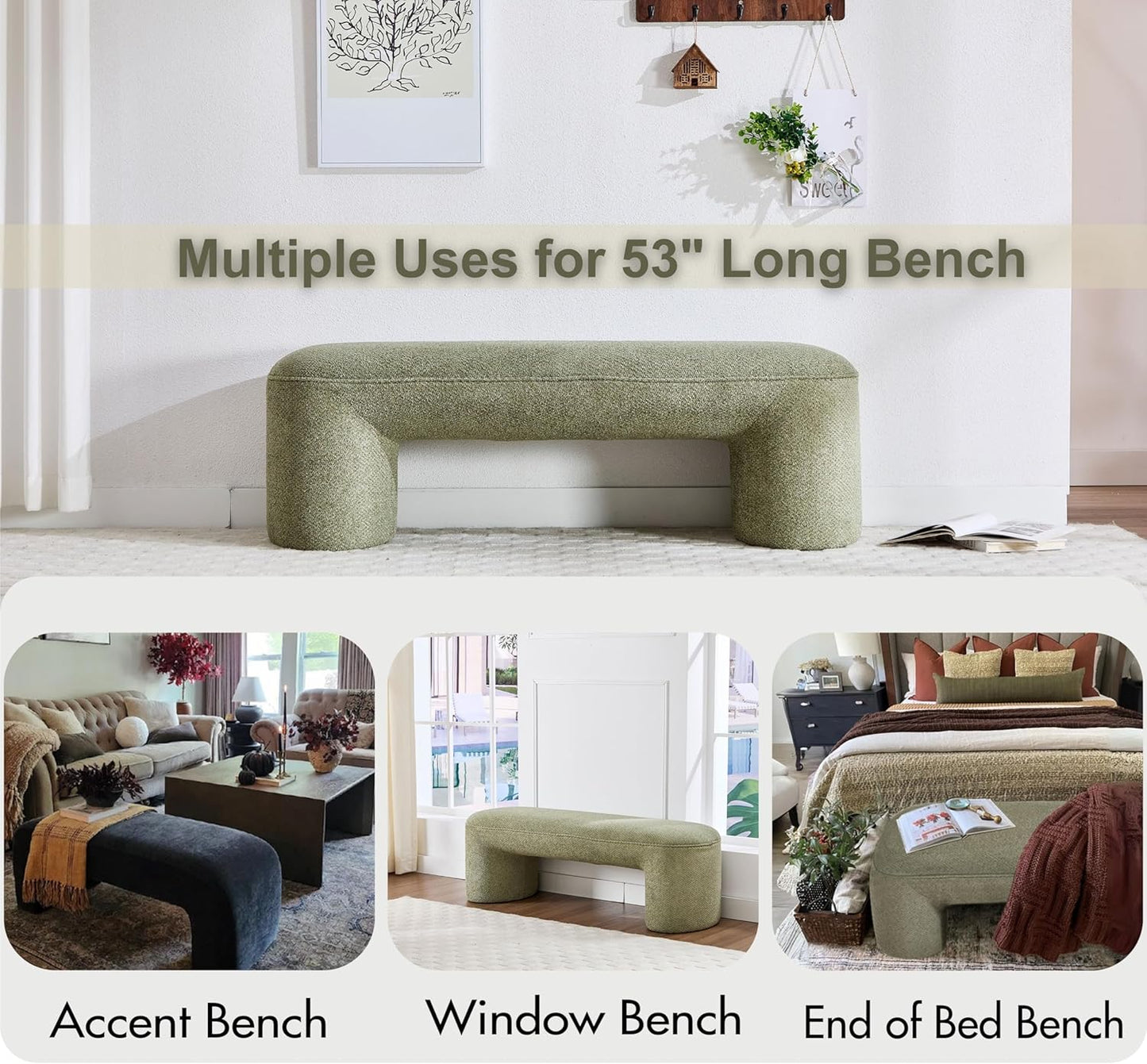 3-Piece 53" Comfy Upholstered Dining Bench with 2 Ottomans, Accent Waterfall Bench Modern End of Bed Entryway Bench Vanity Stool, Green Chenille