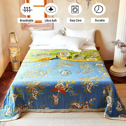 Boho Throw Blanket 80" x 90", 100% Organic Cotton Breathable Ultra Soft Bed Quilt Throw - All Season Luxury Floral Farmhouse Decor Blanket for Sofa Couch Chair and Gift. Green/Blue