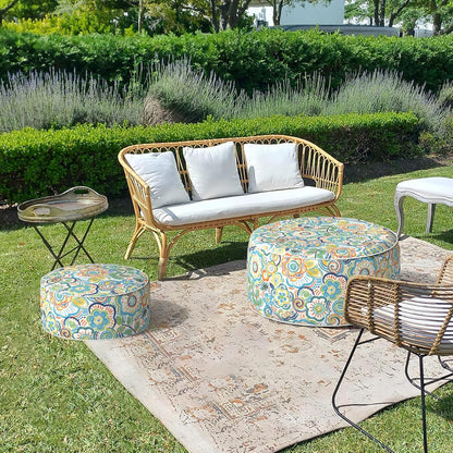 LVTXIII Outdoor/Indoor Inflatable Stool Ottoman, All Weather Patio Footrest Pouf, Portable Round Ottoman for Patio Garden, Camping or Home, D21xH9 Inches, Flower Blue