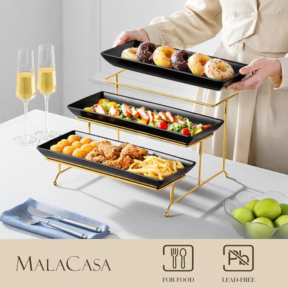 MALACASA 3 Tier Serving Trays for Party, 14 Inch Porcelain Black Trays for Serving Food, Dessert Stand with Collapsible Gold Metal Rack
