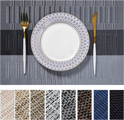 LEXMORE PlaceMats Set of 12 Vinyl/Plastic Woven Place Mats for Kitchen Table Indoor/Outdoor Washable PlaceMat Wipeable Dining Table Mats(Silver Gray Black)