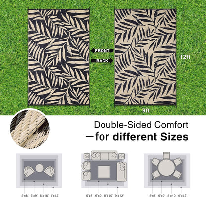 OLANLY Waterproof Outdoor Rug 9x12 ft, Reversible Outdoor Plastic Straw Rug with Leaf Pattern, RV Mat, Indoor Outdoor Carpet for Patio, Camping, Balcony, Deck, Backyard, Black & Beige
