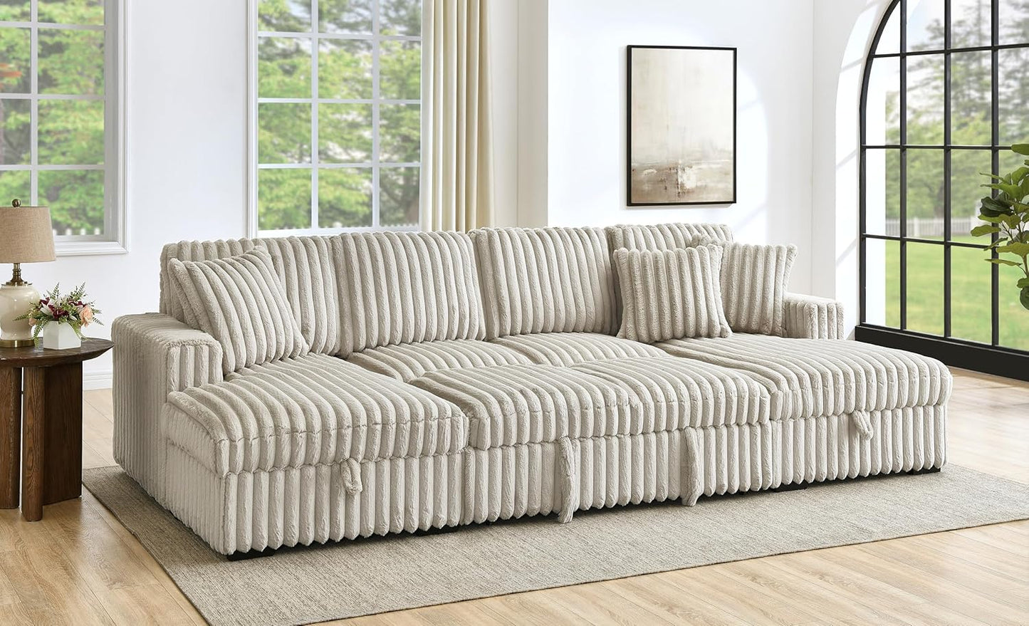 THSUPER Oversized U Shaped Plush Corduroy Fluffy Sectional Sleeper Sofa with Pull Out Bed and Double Storage Chaise for Living Room - Beige