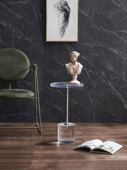 Clear Acrylic End Table,Side Table,Brushed Silver Metal,Round,for Office, Living Room and Bedroom,Easy Assembly,12x12 inch，21.3 inch high