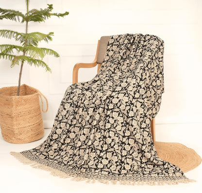 Handmade Cotton Throw Blanket 48x70 Inches | Black & Beige Floral Block Print Decorative Sofa Throw with Tassels | Large Lightweight Cotton Bedspread for Living Room, Couch, or Bedroom