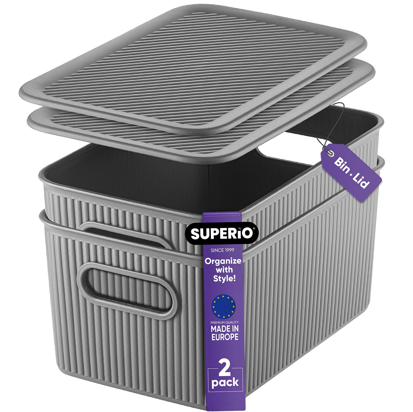 Superio Decorative Lidded Home Storage Bins, Plastic Organizer Baskets, Medium Grey (2 Pack - 5