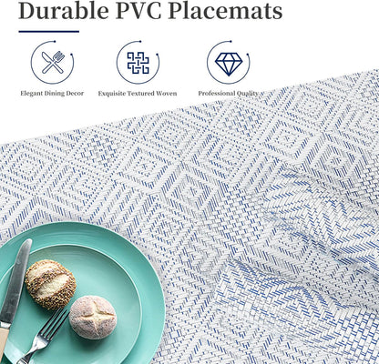 Vinyl Plastic Placemats Set of 6 Washable Heat Resistant Non-Slip Elegant Indoor Outdoor Kitchen Dining PVC Woven Table Place Mats (Blue Squares)