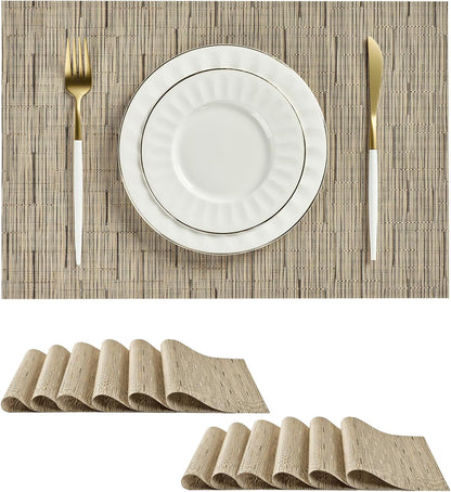 Leetaltree Light Brown Placemats Set of 12 - Heat Resistant Non-Slip Place mats for Dining Table, Washable Durable PVC Vinyl Woven Table Mats（Light Brown, 12）