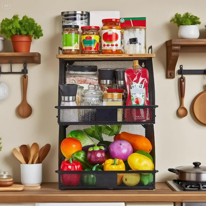 1 SET Large fruit basket for kitchen counter-stackable basket with Bamboo Tops & Tag,hanging wall baske,for Cabinet Shelf Countertop pantry storaget, onion potato Vegs Bread Food Organizing Bin,BLACK