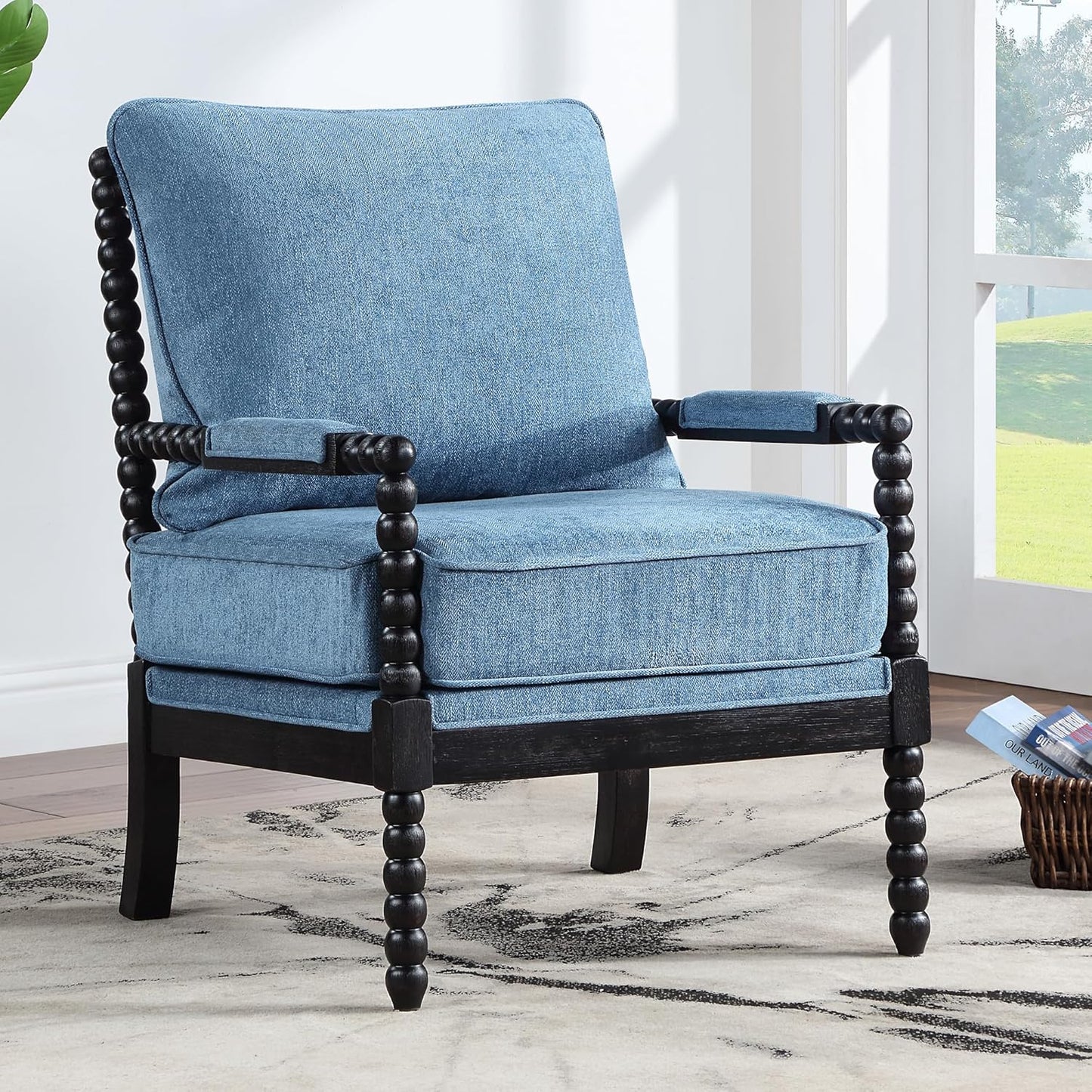 DUHOME Linen Fabric Spindle Accent Chair with Wood Frame,Modern Accent Spool Chairs with Padded Spring Seat and Brushed Blue Base for Living Room Bedroom Farmhouse Home Office Belcony