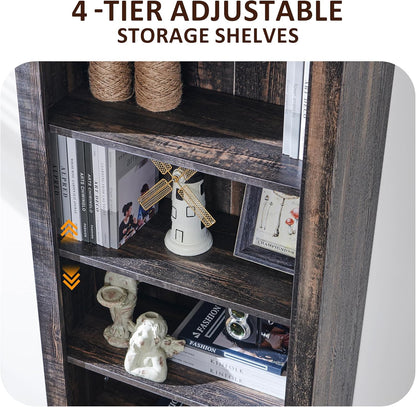 OKD 72'' Tall Bookshelf with Storage, Farmhouse 4 Tier Bookcase w/Barn Door, Adjustable Shelves and Drawers, Rustic Wooden Office Bookshelves for Home Bedroom, Living Room, Library (Dark Rustic Oak)
