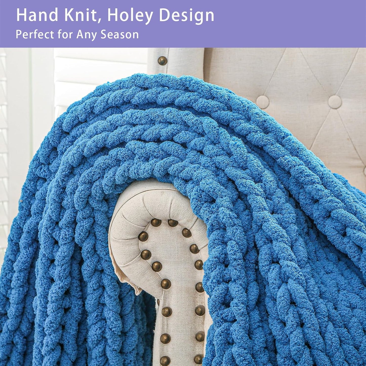 Bigacogo Chunky Knit Throw Blanket for Couch, 40x40 inches, 100% Hand Knitted with Thick Jumbo Chenille Yarn, Cozy Soft Large Rope Knot Cable Crochet Blankets for Sofa Bed Living Room, Bright Blue
