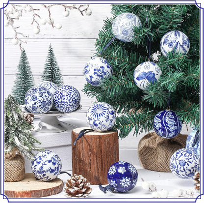 Cindeer 12 Pcs Blue and White Christmas Porcelain Balls 2.4 Inch Porcelain Chinoiserie Ornament Bulk Christmas Ceramic Hanging Decorative for Tree Home Xmas Party (Groovy Style)