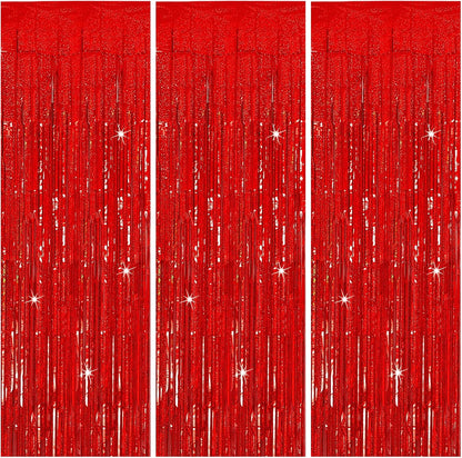 3 Pack Red Streamers Party Backdrop Christmas Decorations Foil Fringe Backdrop Curtains Carnival Casino Theme Birthday New Year Holiday Celebration Bachelorette Party Decorations Supplies