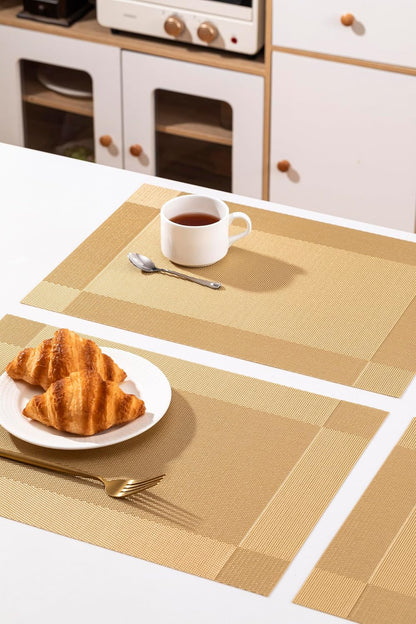 LEXMORE Placemats Set of 6 Vinyl/Plastic Woven Place Mats for Kitchen Table Indoor/Outdoor Washable Placemat Wipeable Dining Table Mats(Gold Cube)