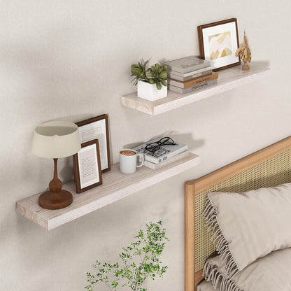 Axeman Floating Shelves for Wall - 32''W x 8'' D Rustic Solid Elm Wood Shelves for Storage, Wall Mounted Display Shelving with Invisible Heavy-Duty Metal Bracket (White Wash, 2PCs)