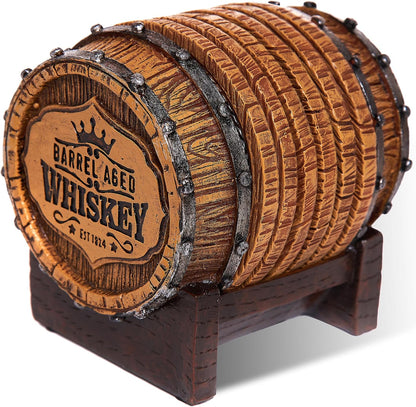 Cabin Obsession Whiskey Barrel Coaster Set – Handcrafted Whiskey Barrel Decor for Whiskey Lovers and Man Cave Gifts for Men - 6 Full Size Whiskey Coasters with Barrel Style Holder for Man Cave Décor