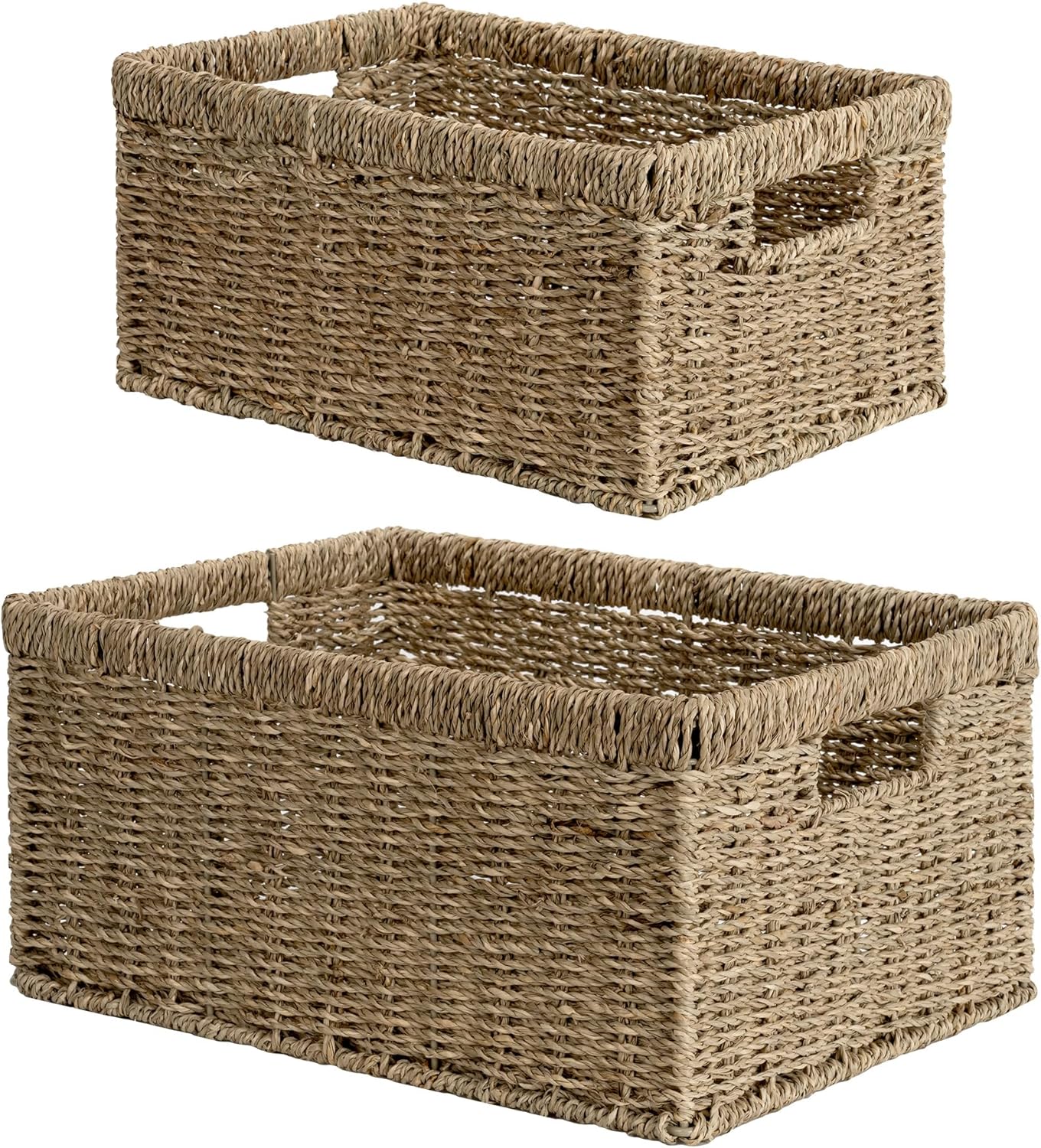 StorageWorks Wicker Storage Baskets, Large and Small Baskets, Handwoven Seagrass Basket for Organizing, Decorative Organizers with Built-in Handles, Set of 2