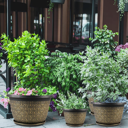 4 Pack 16 Inch Planter,Large Plastic Flower Pots Outdoor Indoor with Drainage Holes & Trays, Retro Antique Imitation Decorative Garden Plant Pots Outdoor for Houseplants