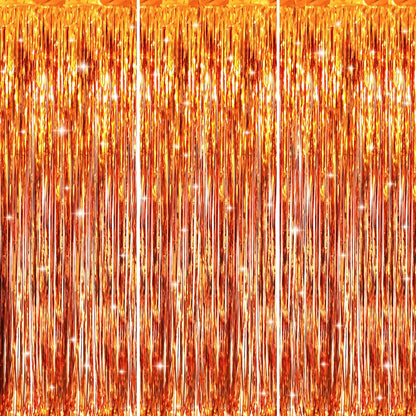 GOER 3.2 ft x 9.8 ft Metallic Tinsel Foil Fringe Curtains Party Photo Backdrop Party Streamers for Birthday,Graduation,New Year Eve Decorations Wedding Decor (3 Packs,Orange)