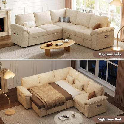 85 Inch Sectional Sleeper Sofa with Pull Out Bed,L Shaped 5 Seat Modular Sectional Sofa with Storage,Sectional Couches for Living Room,Cloud Modular Couch,Removable Sofa Cover,Beige