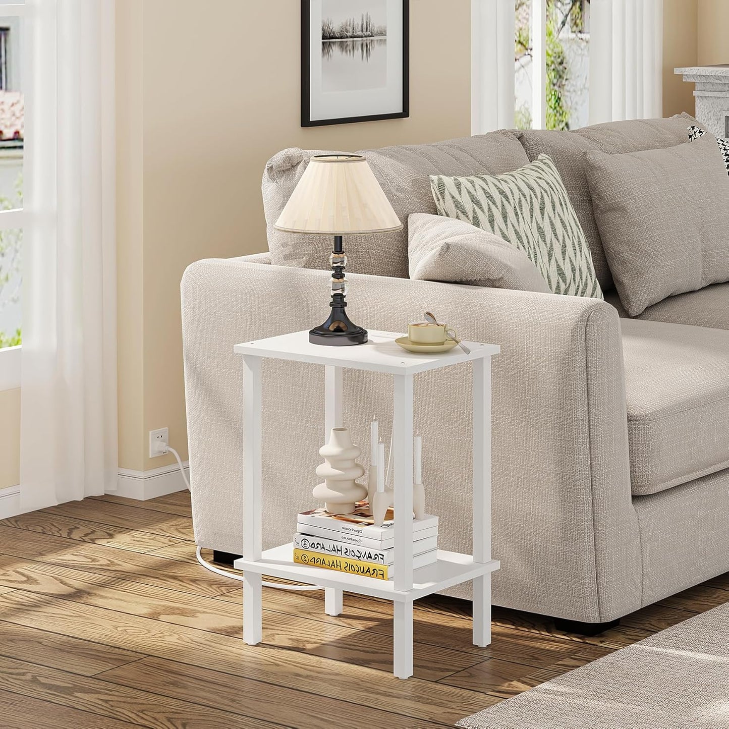 TUTOTAK End Table with Charging Station, Set of 2, Small Side Table with Outlets, Nightstand Bedside Table, 2-Tier Storage Shelf for Small Space, Living Room, Bedroom White TB01BW041