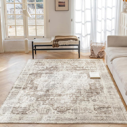5'x7' Area Rug - Vintage Persian Medallion Design Low-Pile Faux Wool Rug, Non-Slip Backing, Machine Washable, for Living Room, Dining Room, Bedroom (Cream/Taupe)