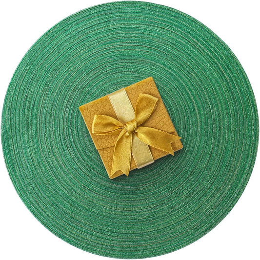 AHHFSMEI Round Braided Placemats Set of 6 Round Table Mats for Dining Tables Natural Woven Heat Resistant Place mats 15 Inch (Christmas Green, 6)
