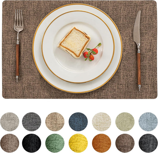 Romanstile Vinyl Placemats Set of 4-12 X 18 Inch - Heat Resistant Place Mats 100% Waterproof Oilproof Wipeable Reversible Faux Leather Table Mats for Kitchen/Dining/Party/Outdoor, Brown