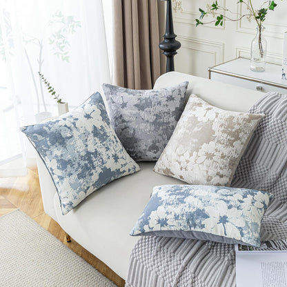 Jacquard Throw Pillow Covers 12x20 Inch Set of 2 - Vintage Floral Boho Pillow Cases with Botanical Pattern | Farmhouse Decor for Couch Living Room | Soft Textured Neutral Trio Dusty Blue 12" x 20"