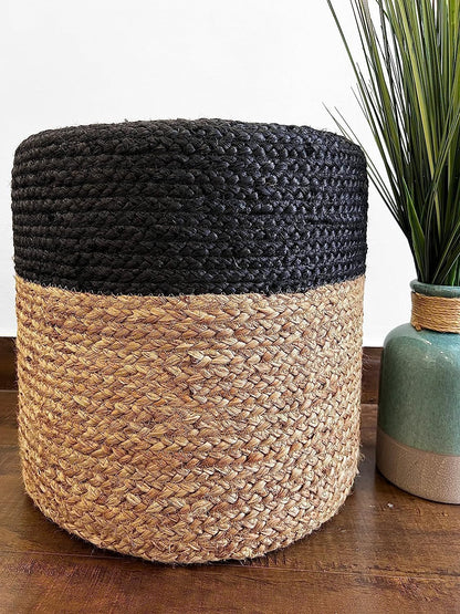 Jute Pouf Ottoman | Footrest Pouf | Hand Braided - Round Boho Pouffe - for Living Room, Bedroom, Nursery (16"x16"x16") Black