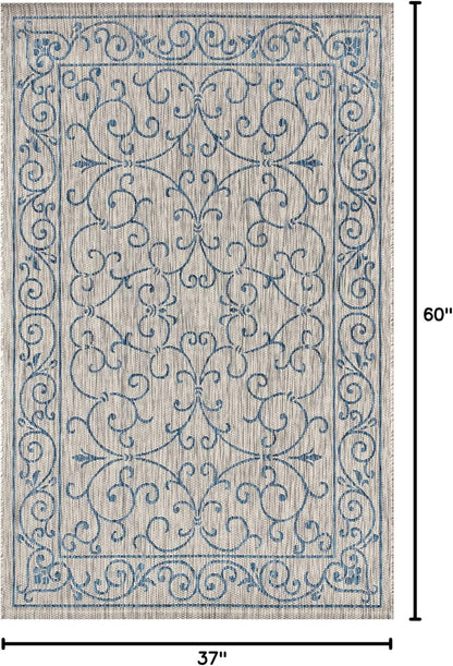 JONATHAN Y Vintage Filigree Indoor Outdoor Area Rug 3X5 Gray/Navy, Charleston Textured Weave for Backyard, Patio, Porch, Easy-Cleaning, High Traffic, Pet-Friendly, Non-Shedding (SMB106C-3)