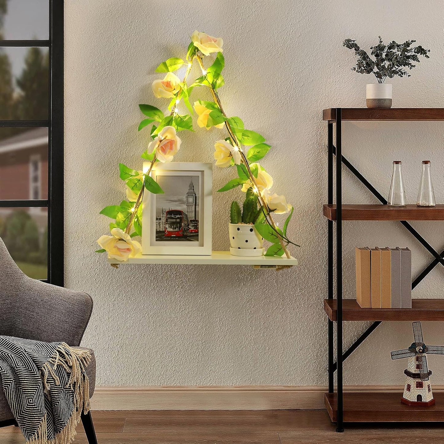 Floating Shelves for Wall,Plant Wall Decor,Hanging Shelf,Cottage Core Decor,Room Decor Aesthetic,Boho Room,Adhesive Shelves,Floating Shelves for No Drilling,Two-Piece Set(Champagne Flower)