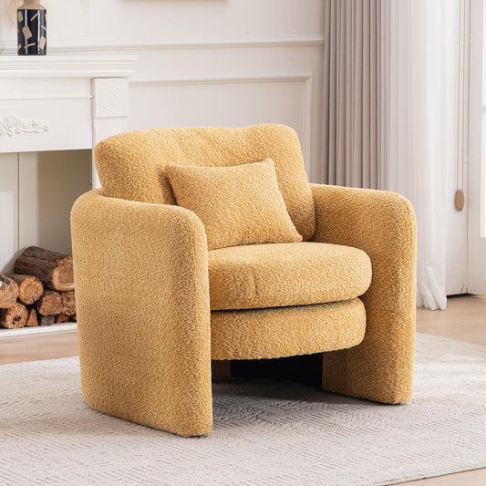 Chenille Accent Armchair Oversize Upholstered Barrel Comfy Modern Round Lounge Sofa Chair with Pillow Cozy Reading Chairs for Apartment,Office,Living Room,Dining,Makeup,Club,Yellow