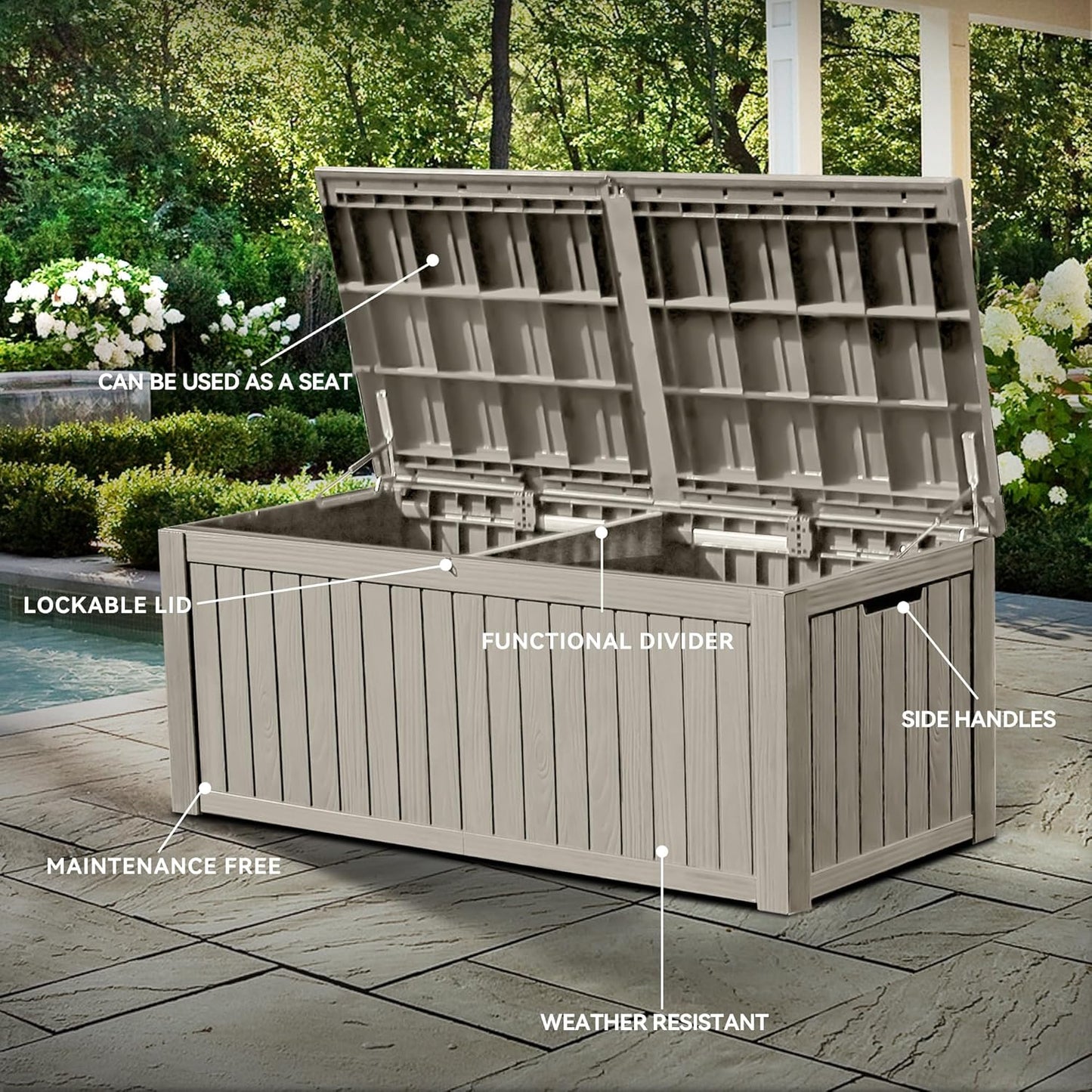 YITAHOME 150 Gallon Large Deck Box w/Divider, XL Waterproof Outdoor Storage for Patio Furniture,Outdoor Cushions, Garden Tools, Sports Equipment and Pool Supplies, Resin, Lockable, Taupe