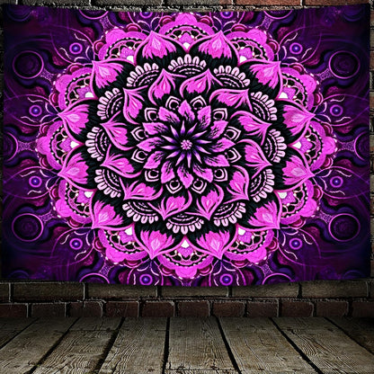 Psyhilar Blacklight Mandala Tapestry Wall Hanging, Psychedelic Flower Black Light Posters for Adults and Teens, UV Reactive Aesthetic Bohemian Art for Bedroom (90 x 70 Inches)
