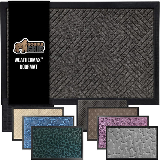 GORILLA GRIP 100% Waterproof All-Season WeatherMax Doormat, 34x58, US Designed Natural Rubber, Stain and Fade Resistant, Low Profile Indoor Outdoor Door Mats, Easy Clean Patio Mat, Gray Diamond