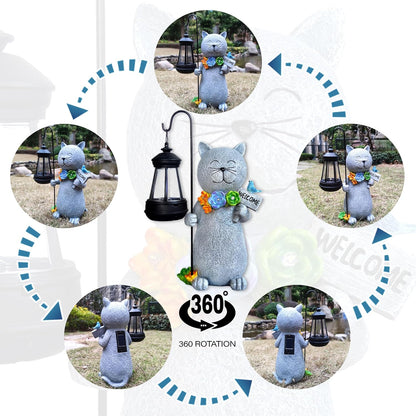 Solar Cat Garden Statues Outdoor Décor with Lantern- Cat Figurines Solar LED Light Lawn Ornaments - Yard Decorations for Patio, Balcony, Backyard -Unique House Warming Gifts for Mom