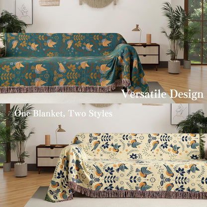 Boho Throw Blanket Full Size, Extra Large Soft Cozy Cotton Muslin Quilt Blanket for Bed Decor, Bird Patterned Couch Sofa Chair Cover, Vintage Farmhouse Cottage Woven Blanket, Green&Beige