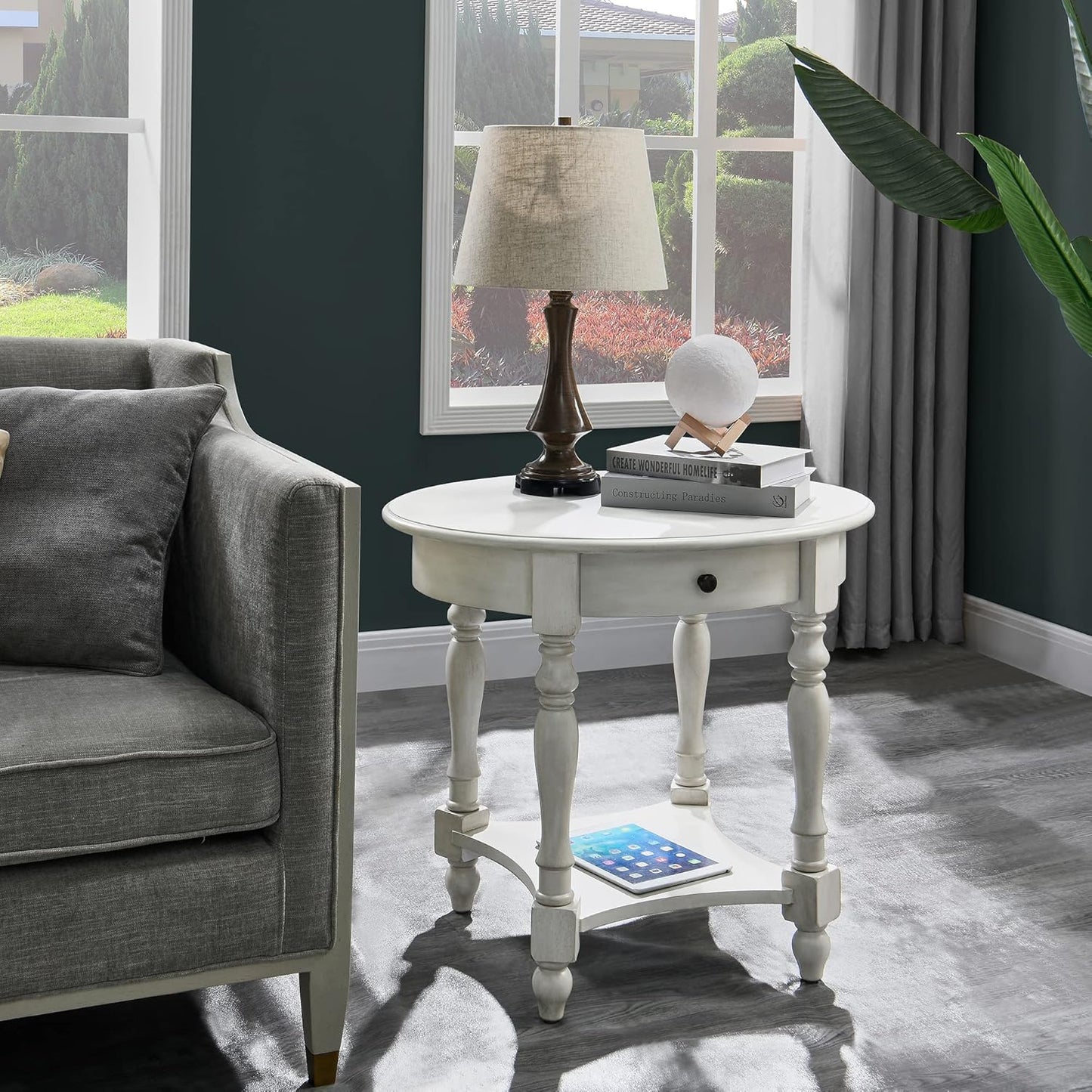 MODERION Oval End Table with Drawer, Solid Wood Sofa Side Storage Shelf, Traditional Living Room Corner Table, Nightstand, Easy Assembly 28INCH x 22INCH 24INCH Antique Walnut CJZ2233RW White