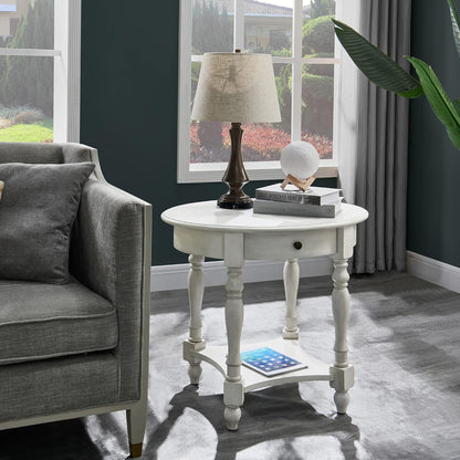 MODERION Oval End Table with Drawer, Solid Wood Sofa Side Storage Shelf, Traditional Living Room Corner Table, Nightstand, Easy Assembly 28INCH x 22INCH 24INCH Antique Walnut CJZ2233RW White